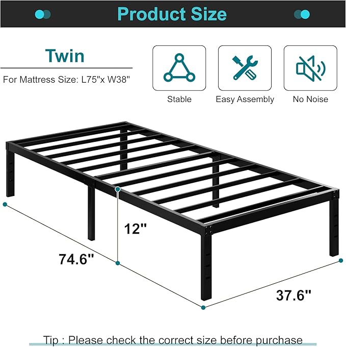 Maenizi 12 Inch Twin Bed Frame No Box Spring Needed, Heavy Duty Metal Platform Bed Frame Twin Size Support Up to 2500 lbs, Easy Assembly, Noise Free, Black