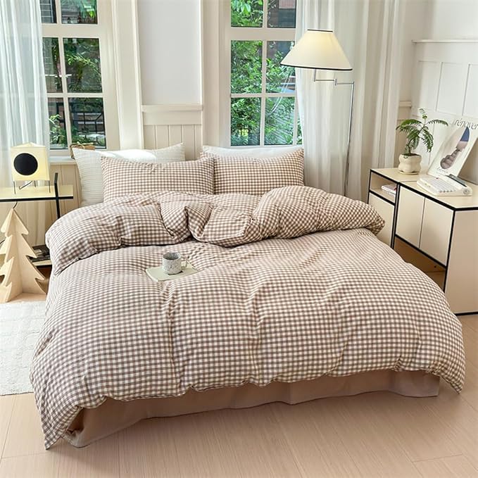 Nayoroom Brown Gingham Duvet Cover Queen Size Tan White Plaid Checkered Duvet Cover Grid Dorm Bedding Set 3 Pieces Soft Lightweight Washed Microfiber Farmhouse Bedding with Pillowcases