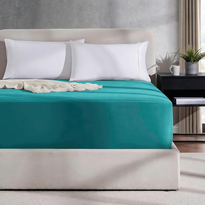 Nestl 2 Pack Teal Fitted Sheet Extra Deep Pocket, Hotel Luxury Cal King Fitted Sheet Only Easily Fits 18 to 24 Inch Mattress, Super Soft, Wrinkle-Free and Breathable with Corner Straps