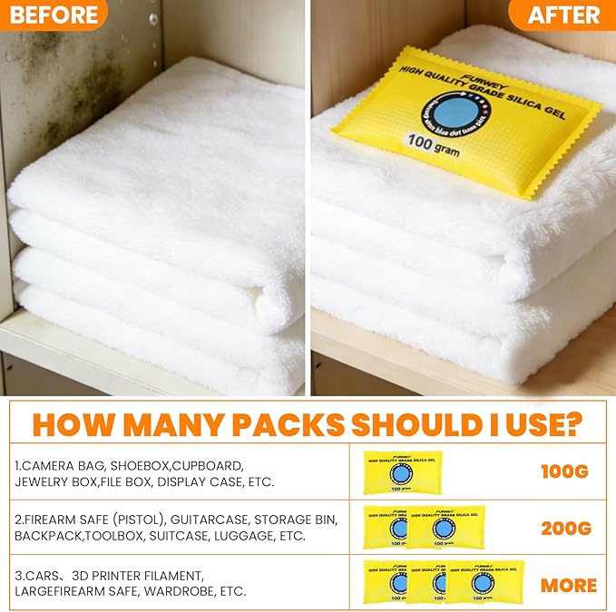 FURWEY 100g (24 Packs) Rechargeable Desiccant Packs for Storage, Color Indicating Silica Gel Desiccant Packets, Moisture absorbers for storage,Dehumidifier bag for Closets,Cars,Storage Bins