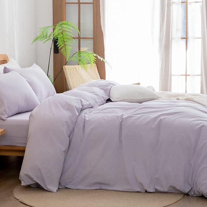 BESTOUCH Duvet Cover Set 100% Washed Cotton Linen Feel Super Soft Comfortable Chic Lightweight 3 PCs Home Bedding Set Solid Taro Purple Alaska King