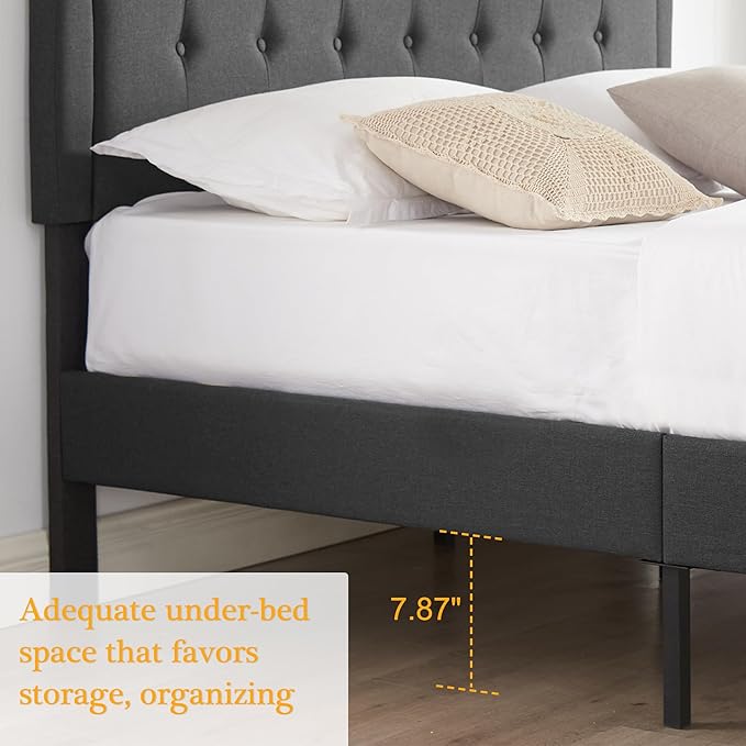 VECELO Full Size Platform Bed Frame with Fabric Upholstered Headboard and Wooden Slats Support, No Box Spring Needed/Easy Assembly,Grey