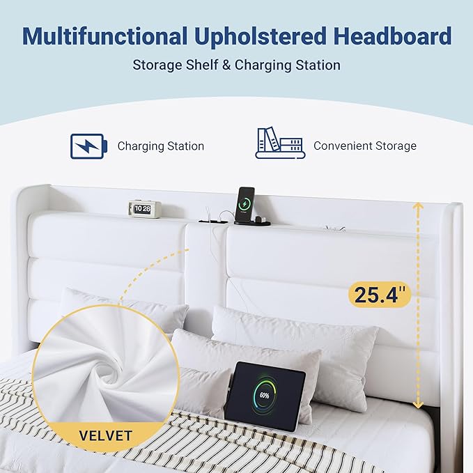Allewie King Size Platform Bed Frame with Charging Station & Storage Headboard, Upholstered Velvet Wingback Design & USB Port, Strong Wooden Slats Support, No Box Spring Needed, Easy Assembly, White