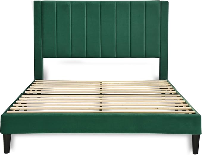 Allewie Queen Bed Frame/Velvet Upholstered Bed Frame with Vertical Channel Tufted Headboard/Strong Wooden Slats/Platform Bed Frame/Mattress Foundation/Box Spring Optional/Easy Assembly/Green
