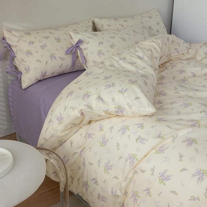 mixinni Lavender Flower Duvet Cover King Cotton Teenage Girls Flower Leaf Print 3pc Soft Cottage Ribbon Bedding Set Comforter Cover with Bowknot Pillowcase Perfect for Girls- (3pcs, King Size)