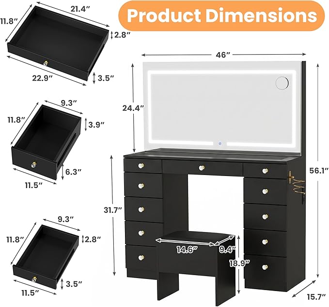 11 Drawers Glass Top Vanity Desk with Chair, Crystal Handles Makeup Vanity with Mirror and Lights, Dressing Table with Power Outlet, Adjustable Lighting Modes, Black