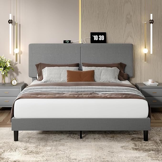 VECELO Full Size Bed Frame with Charging Station, Type-C & USB Ports, Upholstered Platform Design, No Box Spring Needed, Noise Free, Easy Assembly, Dark Grey
