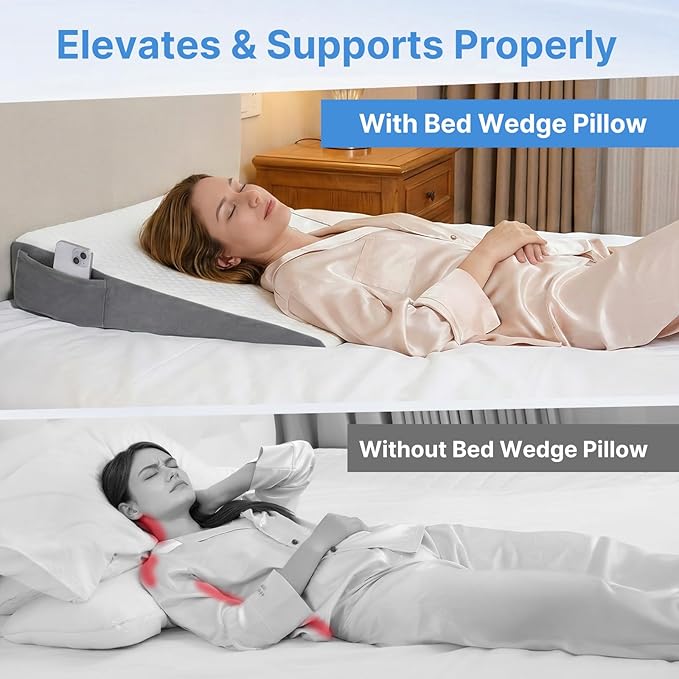 Vekkia 24" x 24" x 5.5" Bed Wedge Pillow for Sleeping – Triangle Pillow for Sleep Apnea, Acid Reflux, Snoring & Back Support, Post-Surgery Recovery, with Pockets & Washable Cover