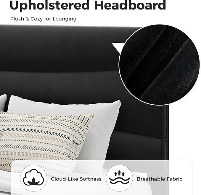 GarveeHome Full Modern Upholstered Bed Frame with Soft Padded Headboard,Sturdy Metal Steel Slat Support, Noise-Free Quiet Design,Easy Assembly,Heavy Duty Stable Bed Frame(Black)