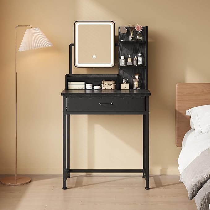 YeTom Makeup Vanity Desk with Mirror and Lights, Small Vanity with Fabric Storage Drawer & Shelves & Side Table, Black Compact Makeup Vanity for Bedroom