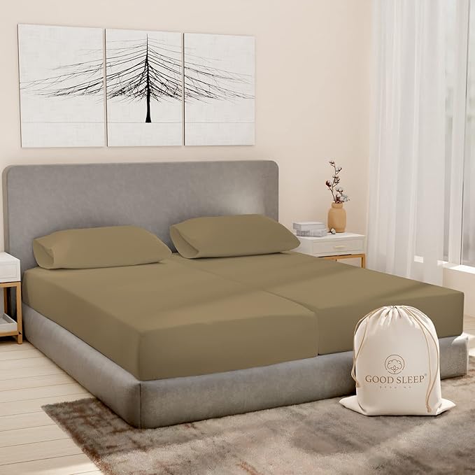 Good Sleep Bedding Split King Sheets for Adjustable Bed, 5 Piece, 100% Egyptian Cotton Sheet & Pillowcase Sets, Sateen Weave, Ultra-Soft, 16" Deep Pocket Adjustable Bed Sheets - Taupe