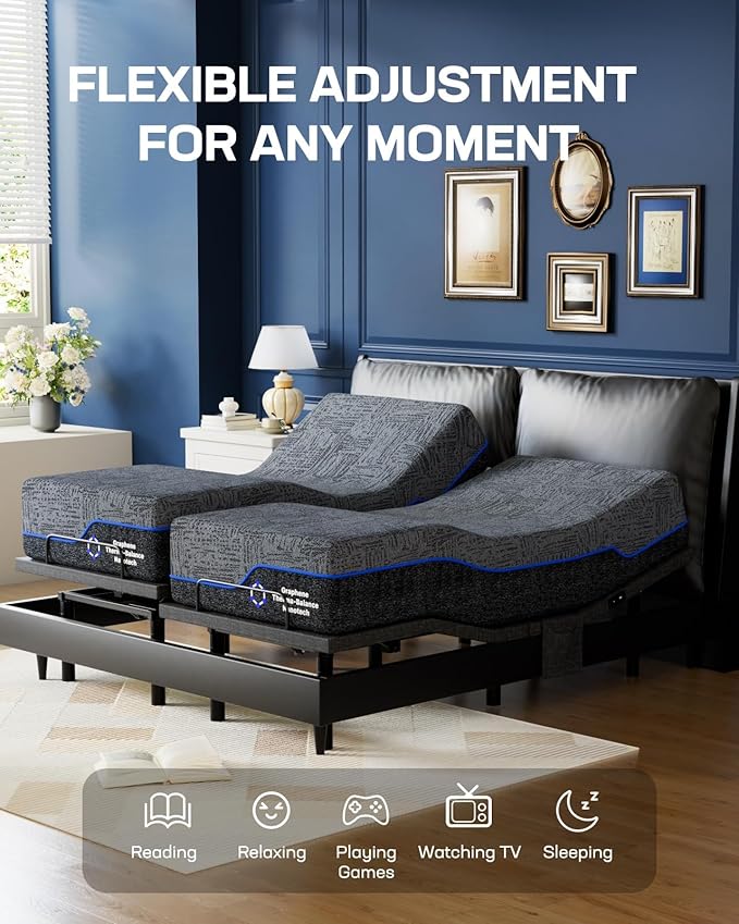 Marsail NS0 Adjustable Base with Mattress Set, 14-inch Queen Adjustable Bed with Cooling Gel Memory Foam, Dual Motor Power Frame & Wireless Remote, CertiPUR-US Certified