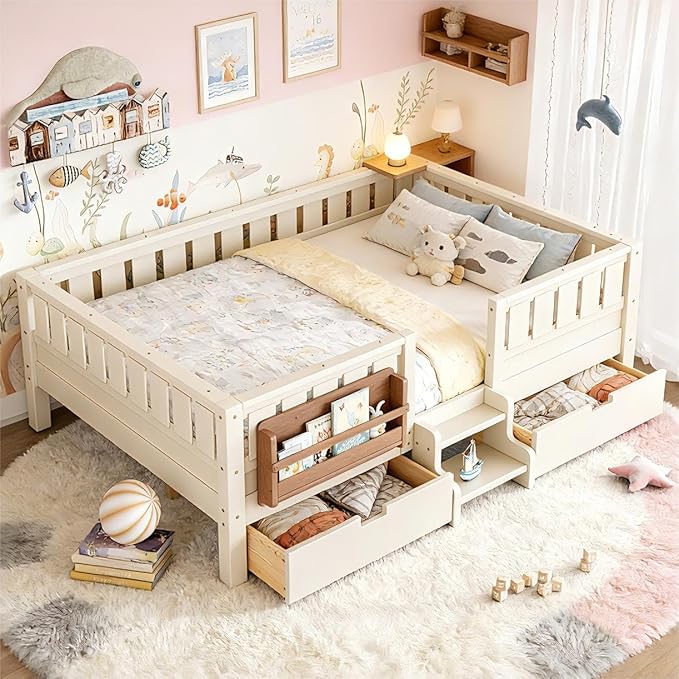 Bellemave Full Size Bed Frame with Storage Drawers & Bookshelf, Low Profile Kids Bed with Staircase & Full Length Guardrails, Solid Wood Full Size Bed Frame Kids with Slats Load 450 LBS, Beige