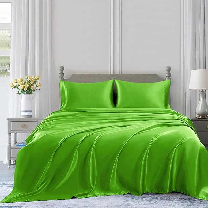 Homiest 3pcs Satin Sheets Set Luxury Silky Satin Bedding Set with Deep Pocket, 1 Fitted Sheet + 1 Flat Sheet + 1 Pillowcases (Twin Size, Lime Green)
