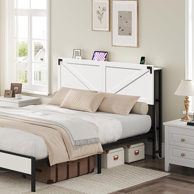 MAHANCRIS Queen Size Headboard Only, Headboard with 2 Outlets and 2 USB Ports, Farmhouse Headboard, with LED Lights, Secure Storage with Raised Fence, with Bed Frame Adapter, White and Black