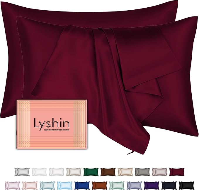 Silk Pillow Cases 2 Pack Queen Size with Hidden Zipper, Mulberry Silk Pillowcase for Hair and Skin, Smooth and Soft Breathable Cooling Silk Satin Pillowcase Set of 2, Gifts for Women，Burgundy Red