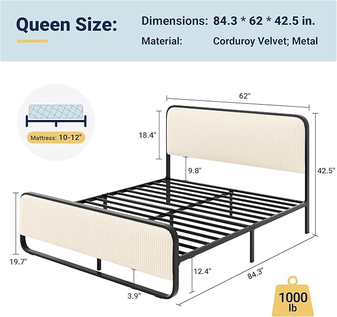 Allewie Queen Size Metal Bed Frame with Curved Corduroy Upholstered Headboard and Footboard, Platform Bed Frame with 12.4" Under Bed Storage, No Box Spring Needed, Boho Style, Cream