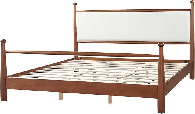 Merax Modern King Size Solid Wood Platform Bed with Upholstered Headboard, Mid-Century Low Bed Frame with Sturdy Wood Legs/No Box Spring Needed/Easy Assembly, Beige+Walnut