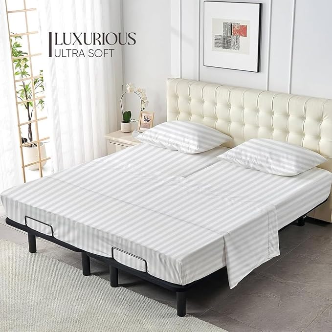 4 Piece Split Head Flex Sheet Set, 34" Top Split King Sheets for Adjustable Beds, 100% Egyptian Cotton, 16 Inch Deep Pocket, Soft Durable Breathable Sheets, White Stripe, Ideal for Adjustable Beds