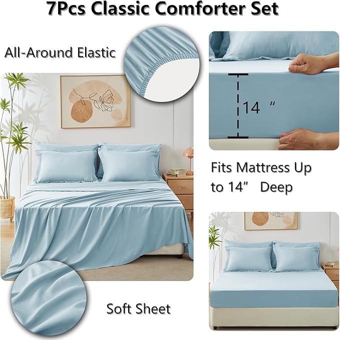CozyLux Full Size Comforter Sets Light Blue - 7 Pieces Bed in a Bag Full, Luxury Soft Bed Set for All Seasons, Bedding Set with Down Alternative Comforter, Sheets, Pillowcases & Shams