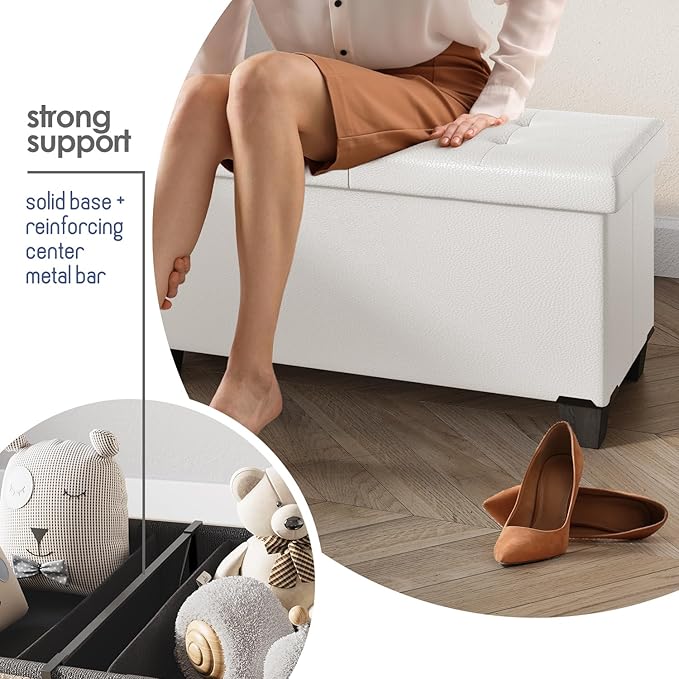 Storage Ottoman Bench with Bins, 43-in Storage Bench for Bedroom End of Bed, Folding Foot Rest Ottoman for Living Room Max 660lbs, Faux Leather Ottomans, Cream