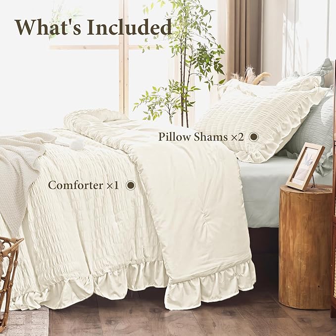 JOLLYVOGUE Ivory King Comforter Set, 3 Pieces Seersucker Comforters King Size, Lightweight & Fluffy Bedding Sets King for All Season with 1 Ruffle Comforter and 2 Ruffle Pillowshams