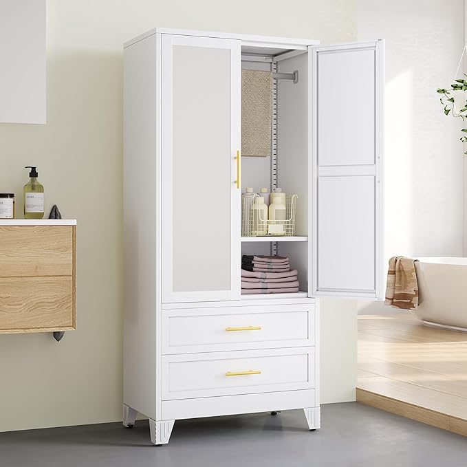 erosoei Metal Armoire Wardrobe Closet, 71 "Metal Clothing Storage Cabinet with Mirror and Adjustable Shelves, Household Steel Wardrobe Storage Cabinet with 2 Drawers and Hanging Rod(Armoire-White)