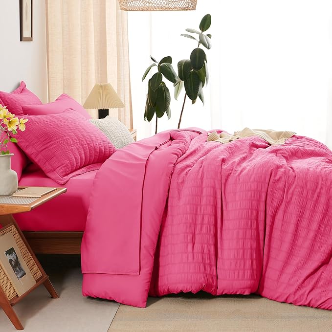 CozyLux Full Size Comforter Sets with Sheets 7 Pieces, Hot Pink Seersucker Bed in a Bag Textured Luxury Soft Bedding Set with Down Alternative Comforter, Sheets, Pillowcases & Shams for All Season