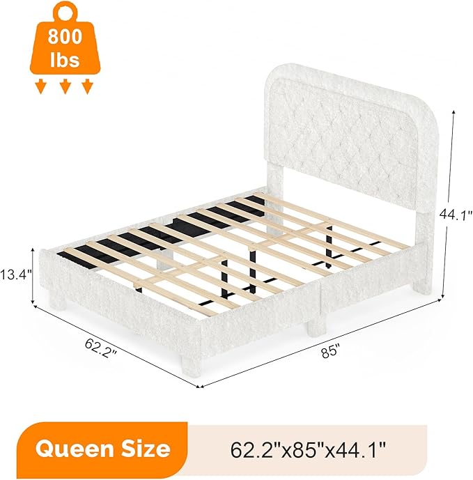 VINGLI Cloud Queen Bed Frame with Boucle Headboard,Cozy Soft Platform Bed with Wooden Slats, Cute Fabric Headboard, Cream Modern Style,Noise Free,Rounded Corners,White