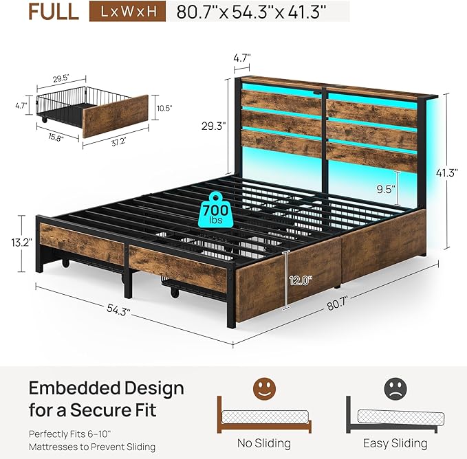 Rolanstar Full Size Bed Frame with 4 Drawers, LED Lights and Charging Station, Metal Platform Bed with Storage Headboard, Noise Free, Easy Assembly, No Box Spring Needed, Rustic Brown