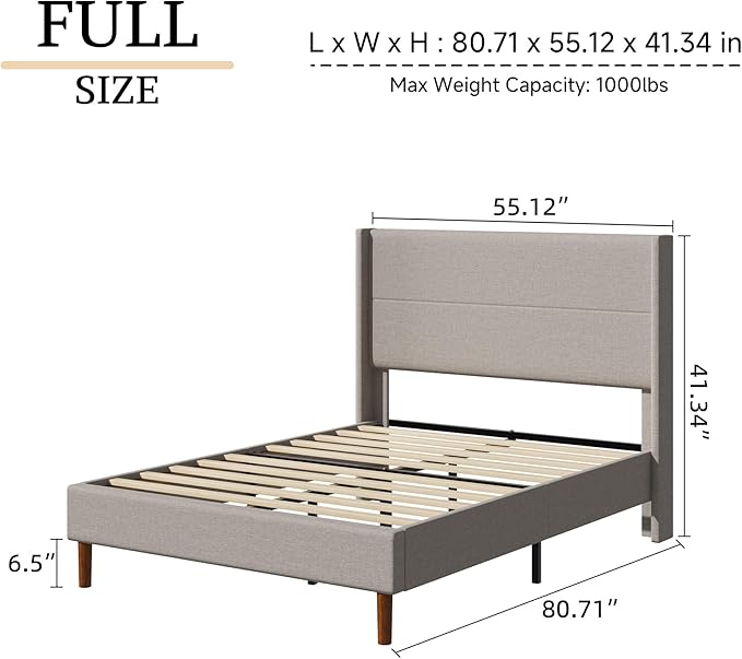 Full Size Bed Frame, Linen Upholstered Platform with Wingback Headboard, Wooden Slats Support, No Box Spring Needed, Easy Assembly, Beige