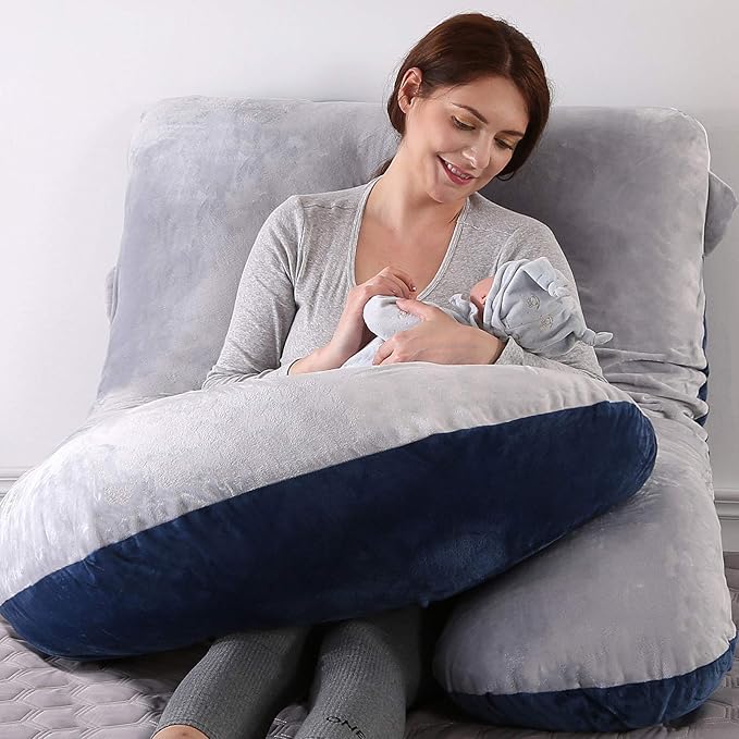 U-Shaped Full Body Pregnancy Pillow for Sleeping – 57" Maternity Pillow with Removable Cover, Support for Back, Legs, Belly & Hips (Velvet-Blue and Grey)