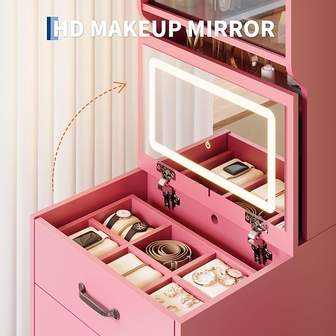 Garvee 3 in 1 Vanity Desk with 3 Color LED, Compact Makeup Vanity Set with 2 AC Outlets & USB, Dressing Table with Drawers & Acrylic Doors, Nightstand Vanity Mirror, Jewelry Box, Hidden Chair, Pink