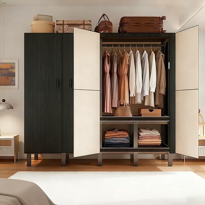 Freestanding Heavy Duty Wardrobe Closet with Magnetic Door, Portable Metal Closets, Foldable Wardrobecloset Organizers and Storage, for Bedrooms, Apartments, and Tenant (Black, 59in)