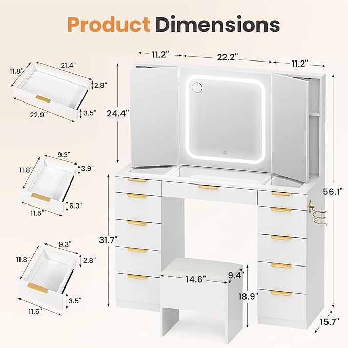 Pamapic Glass Top Makeup Vanity Desk with Foldable Mirror and Lights, 11 Drawers Vanity with Chair and Power Outlet, 3 Lighting Modes Makeup Table, Golden Handles, White