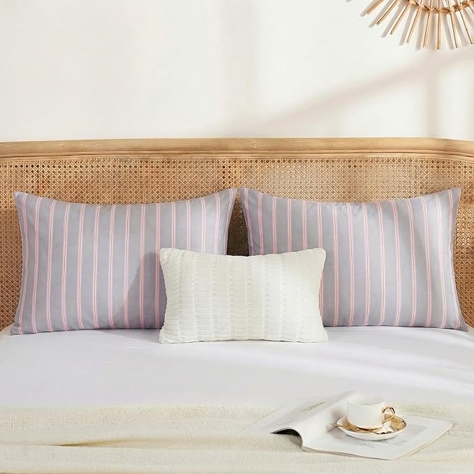 Merryword Queen Size Pillowcases, 100% Cotton Pillow Cases, Gray and Pink Striped Pillowcases, Luxury Linen Like Pillowcase, Soft Breathable Wide Stripes Pillow Covers, Set of 2