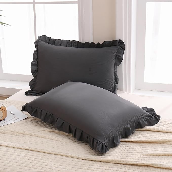 Merryword Dark Gray Pillow Shams Reversible Pillowcases Cute Pillow Cover Set of 2 Soft Shabby Chic Ruffled Pillowcases 2 Pack (Queen (20''x30''), Dark Gray)