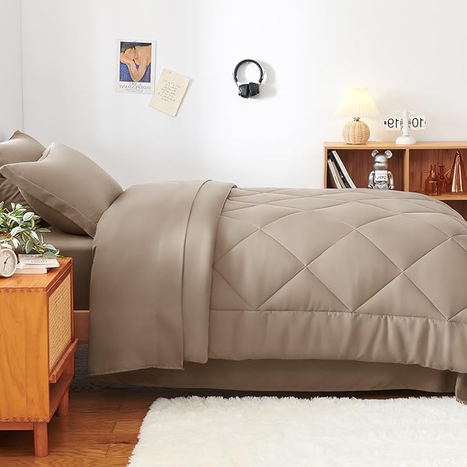 CozyLux Twin XL Comforter Set Khaki - 5 Pieces Twin Extra Long Bed in a Bag for College Dorm, All Season Bedding Set for Girls and Boys, Soft Bed Set with Comforter, Sheets, Pillowcase & Sham