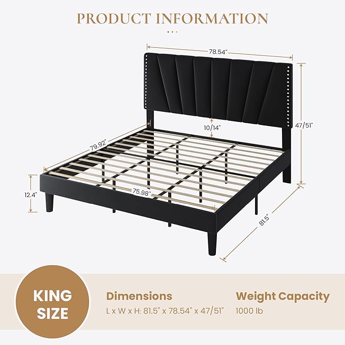 SHA CERLIN King Size Bed Frame with Adjustable Upholstered Velvet Rivets Headboard, Sturdy Wooden Slats, Strong Platform Support for Mattress, No Box Spring Needed, Easy Assembly, Black