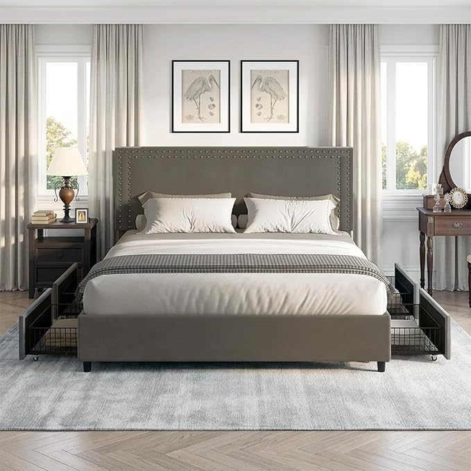 VECELO Full Size Upholstered Bed Frame with 4 Storage Drawers, Adjustable Velvet Rivet Decor Headboard, Wooden Slats Platform Support, No Box Spring Needed, Easy Assembly,Dark Grey