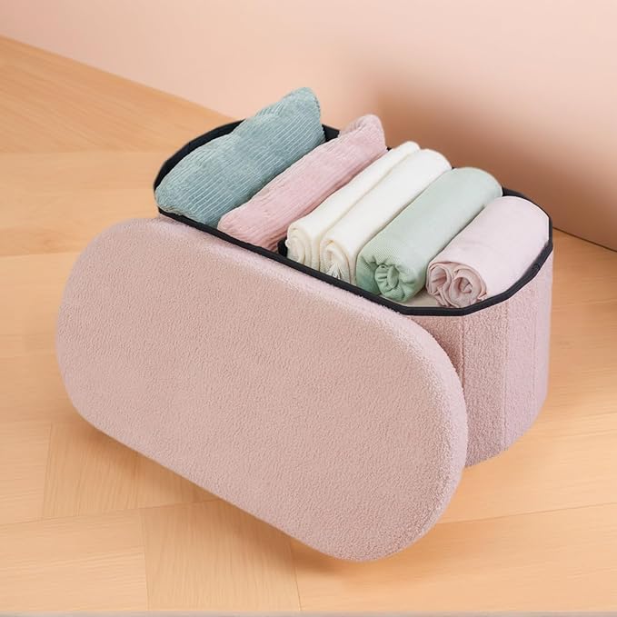 PINPLUS Storage Ottoman Bench Tufted Oval Ottomans for Living Room Foot Rest, Chest Box Velvet Bench with Storage, Pink 30"x15"x15" (Pink)