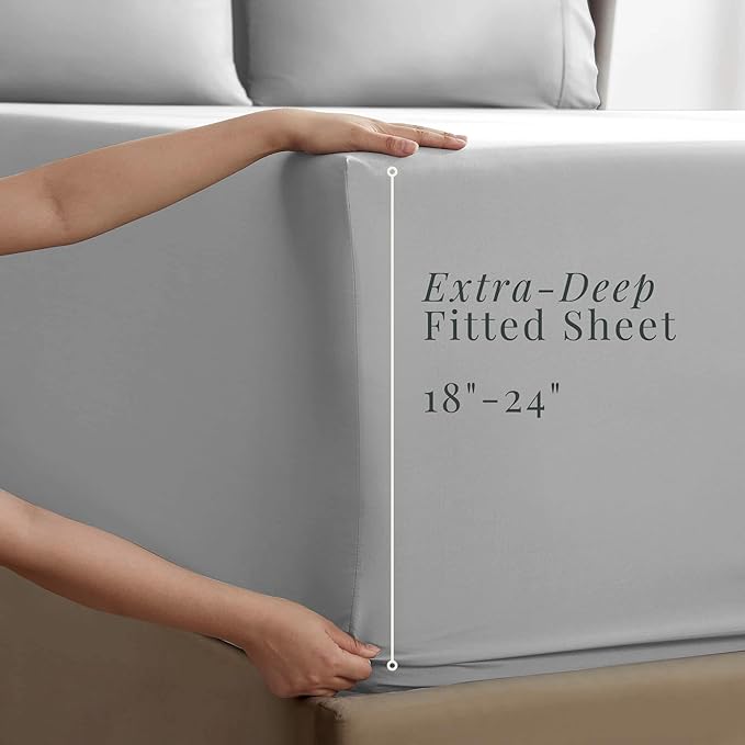Hearth & Harbor Extra Deep Pocket King Size Sets - Fits Mattress 18-24 Inches Deep - Extra Deep Pocket Sheets - 6 Piece King Size - Silver