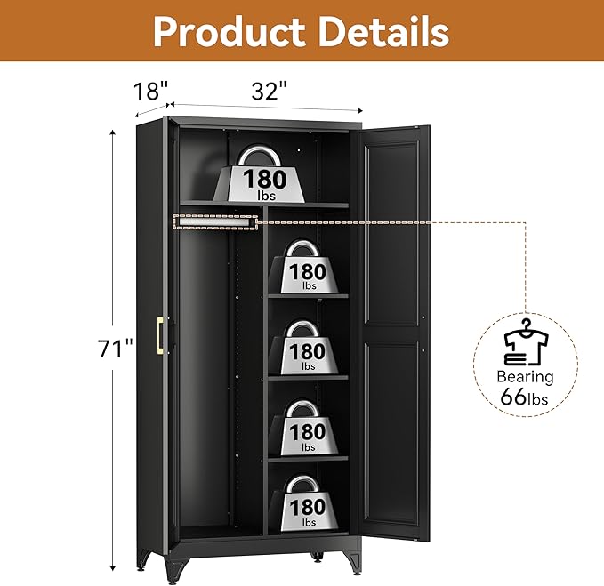 Polup Metal Armoire Wardrobe Closet, 71" Tall Wardrobe Cabinet with 2 Doors, Hanging Rod and Adjustable Shelves, Steel Clothing Storage Cabinet for Bedroom, Home, Gym, Office, Employee, Black
