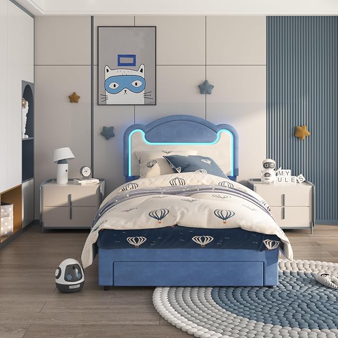 Garvee Twin Size Upholstered Bed Frame with LED Lights & Storage Drawers, Fabric Headboard & Wood Slats, No Box Spring Needed, Princess Bed for Girls (Blue White)