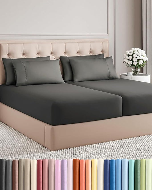 Split King 7 Piece Sheet Set - Comfy, Breathable & Cooling - Soft Hotel Luxury Bedding for Women, Men, Kids, Teens and Children - 1 Flat & 2 Fitted Sheets & 4 Pillowcases with Deep Pockets - Charcoal