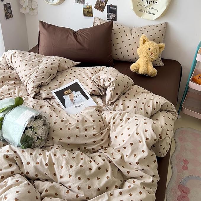 Nayoroom Brown Heart Duvet Cover Full Size Vintage Hearts Printed on Taupe Duvet Cover Kids Girls 3 Pieces Soft Microfiber Farmhouse Bedding Set with Zipper Closure