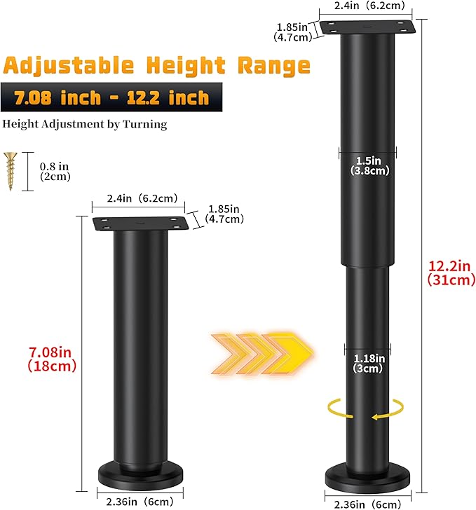 Wlrrcwdttc 6 Pcs Adjustable Height Bed Support Legs for Bed Frame/Bed Center Slat, Metal Adjustable Furniture Legs 7.08-12.2 inch for Bed/Sofa/Cabinet/Couch/Dresser/Table, Heavy Bed Legs Replacement