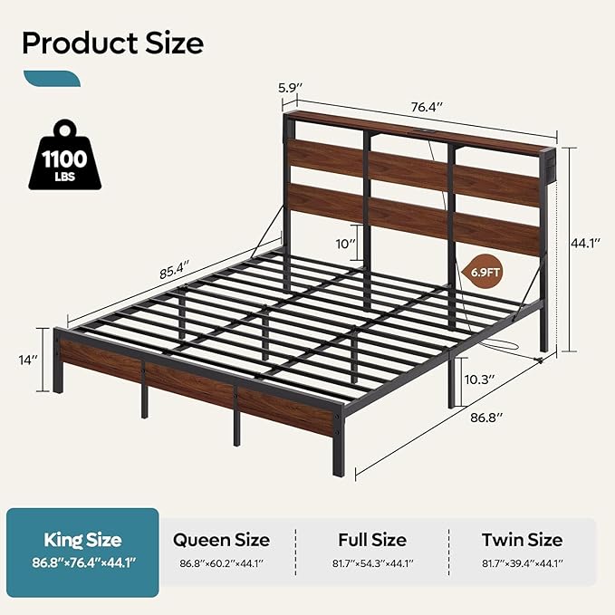 Bestier King Size Bed Frame with Headboard and Charging Station,Platform King Bed Frame with LED Light, Non-Slip Metal Bed Frame, Noise-Free, Easy Assembly,Walnut