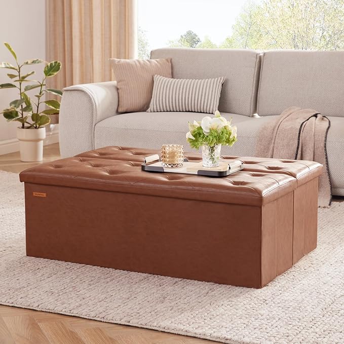 HAUSFRAU Storage Ottoman Bench with Flipping Lid, 43.3 Inches Storage Chest Footsrest, Folding Foot Stool for Entryway, Living Room, Bedroom, Synthetic Leather Retro Brown