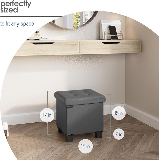 Storage Ottoman Cube with Small Bin, 15-in Square Ottoman with Storage for Living Room and Bedroom, Small Ottomans Foot Rest, Faux Leather Foot Stools Ottomans Max 330lbs, Grey